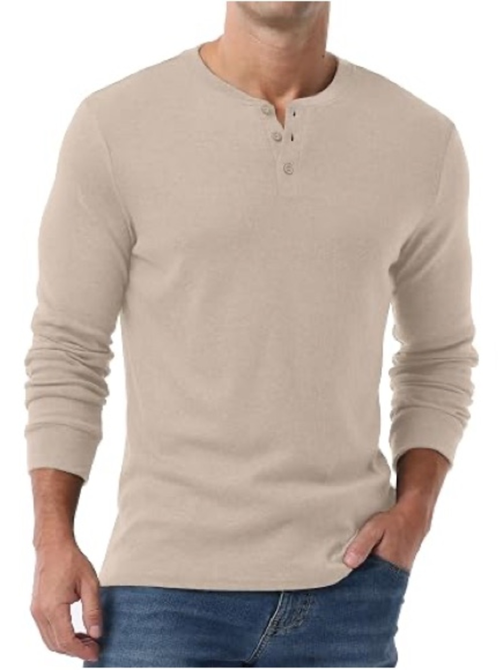 Amazon Essentials Men's Long Sleeve Henley - Light Beige